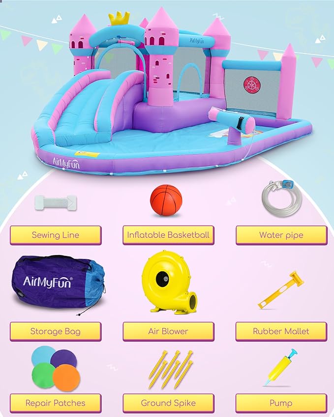 AirMyFun Pink Inflatable Waterslide, Water Bounce House for Big Kids 3-12 in The Backyard- Water Bouncy House for Wet and Dry, Splash Pool - Sturdy Outdoor Bouncer/Castle - Includes Blower& Repair Kit