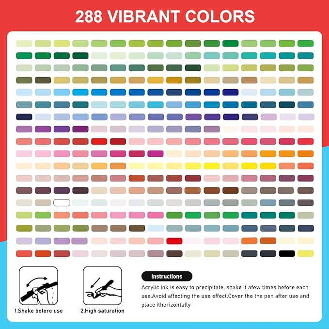 288 Colors Acrylic Paint Markers Soft Brush Tip, Water-Based Paint Pens with Automatic Ink Control System, Odorless, Waterproof, Quick-Dry, Lightfast, for Rock Painting, Canvas, Wood, Egg & DIY Crafts