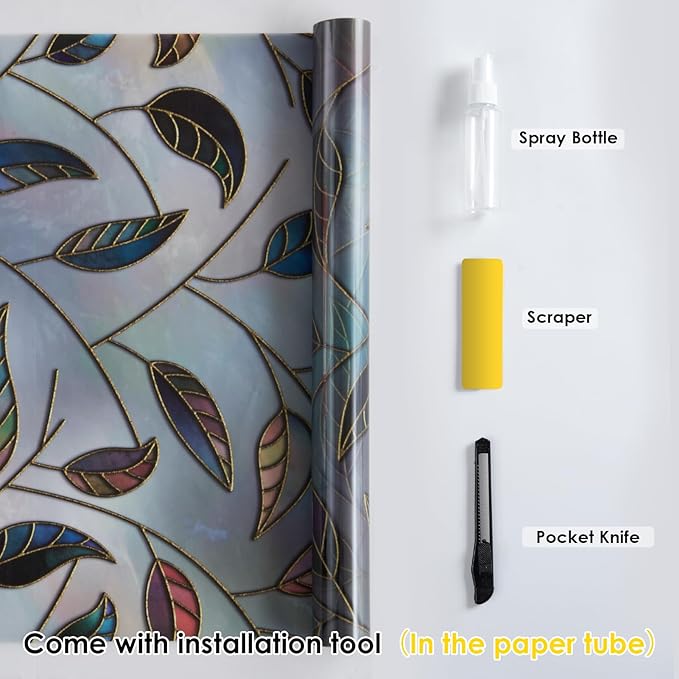 DKTIE Static Cling Decorative Window Film Vinyl Non Adhesive Privacy Film, Multilayer UV Inkjet Technology, 3D Thickened Stained Film (S166, 35.4'' x 118.1'')