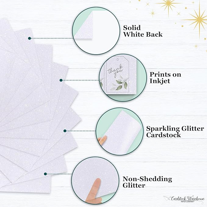 Cardstock Warehouse Diamond Print Inkjet Glitter - Premium White Glitter Cardstock Paper – 15 Sheets, 8.5 x 11" - 104 lb/280 GSM for Inkjet Printing, Die-Cutting, Card Making, Crafts, and DIY Projects