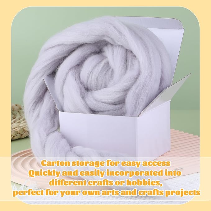 3.53oz Wool Roving Yarn, Fiber Roving Wool Top, Needle Felting Supplies, Pure Wools, Chunky Yarn, Spinning Wools for Needle Felting Wet DIY Hand Spinning (Grey)