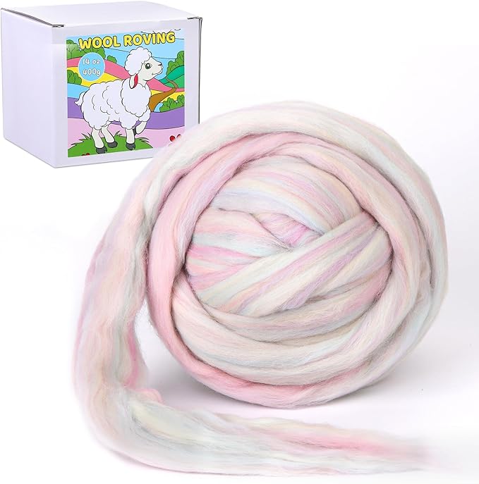 QMNNMA Wool Roving Bulk, 14.1oz Needle Felting Wool, Fiber Roving Wool Top for Hand Spinning, Felting, Blending, Weaving and DIY Craft (400g)