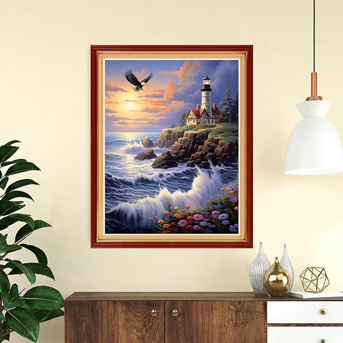 DMCVIVR Stamped Cross Stitch Kits for Adults Beginners Embroidery Kits 11CT Needlepoint Kits Cross Stitch Patterns Embroidery Patterns-Seaside Lighthouse 16x20 inch