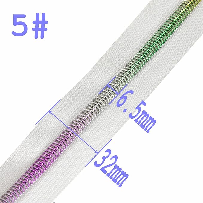 Leekayer #5 Metallic Nylon Coil Zippers by The Yard Colorful Teeth Zipper Bulk 10 Yards White Tape with 25pcs Silver Sliders for DIY Sewing Tailor Craft Bag(White)