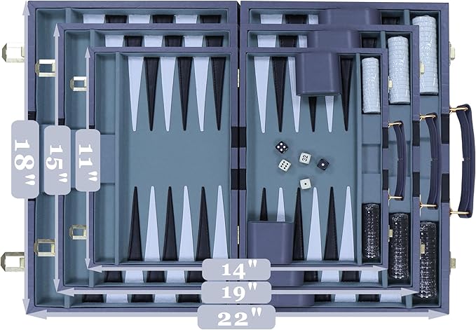Backgammon Set - Classic Board Game with Premium Leather Case - Portable Travel Strategy Backgammon Game Set for Adults, Kids - Suitable as (15inch, Gray)