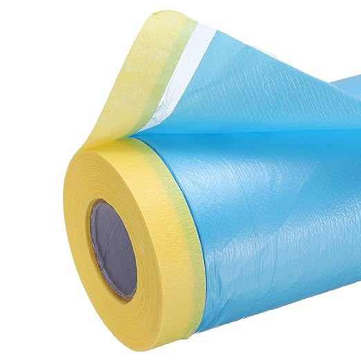 uxcell Pre-Taped Masking Film, 3.6ft x 82ft Plastic Paint Drop Cloth with Medium-Tack Painters Tape for Painting Spraying Protection Blue Film 6Pcs