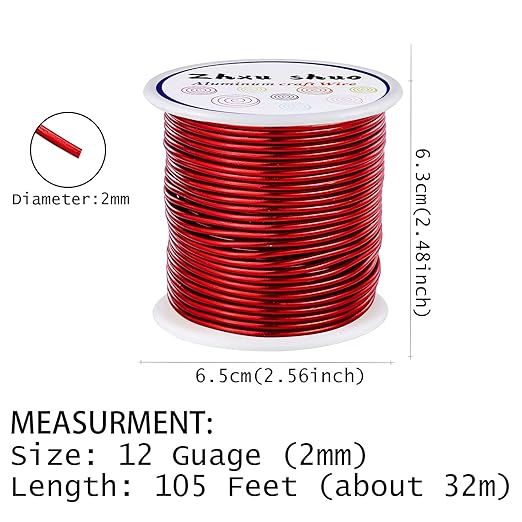 12 Gauge(2mm) Aluminum Wire 35 Yards Anodized Metal Wire for Bonsai Armature Crafting Sculpting Jewelry Craft Making Beading Floral (Red, 12 Gauge)