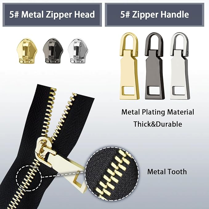 VICHERIA Zipper Repair Kit (45 Pcs), Universal Size #5 Zippers for Sewing, Replacement Slider Pull Fix Kit for Jackets, Coat, Boot, Backpack, Purse