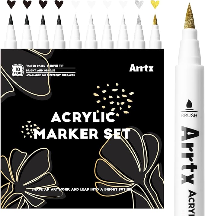 Arrtx Acrylic Paint Pens, 10 Pack Extra Brush Tip White Paint Markers Metallic for Rock Fabric Wood Glass Canvas Ceramic, 4 White 4 Black 1 Gold & 1 Silver, Water Based Ink, DIY Crafts