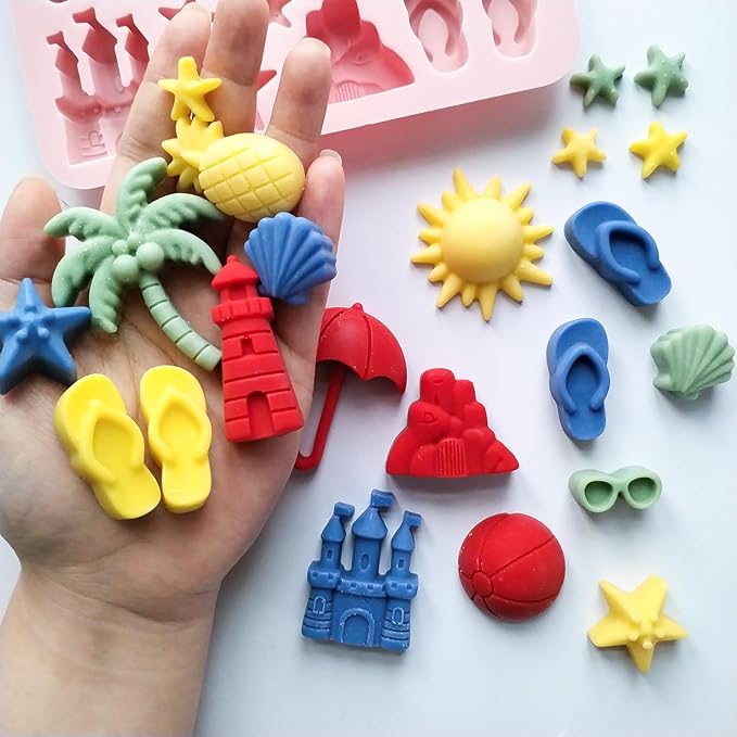 Summer Beach Theme Chocolate Molds, 2PCS Summer Party Fondant Candy Jelly Baking Ice Cube Silicone Molds, Coconut Tree Sun Shell Starfish Marine Cake Decor Mold, Unique Resin Candle Soap Mold