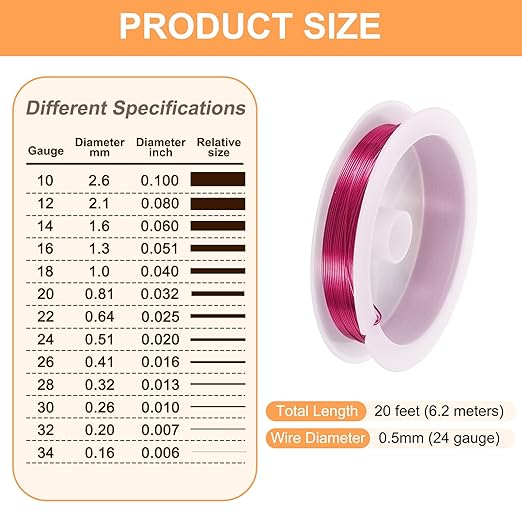 HARFINGTON 20ft Jewelry Wire, 24 Gauge (0.5mm) Brass Craft Soft Metal Tarnish Resistant Copper Beading Wire for Jewelry Making Supplies Crafting, Rose Red