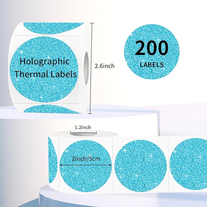 2" Holographic Thermal Label Stickers, Round Direct Thermal Label Stickers, Glitter Thermal Printer Sticker Labels for Gift Wrapping, Self-Adhesive Custom Logo Design- Glitter Blue