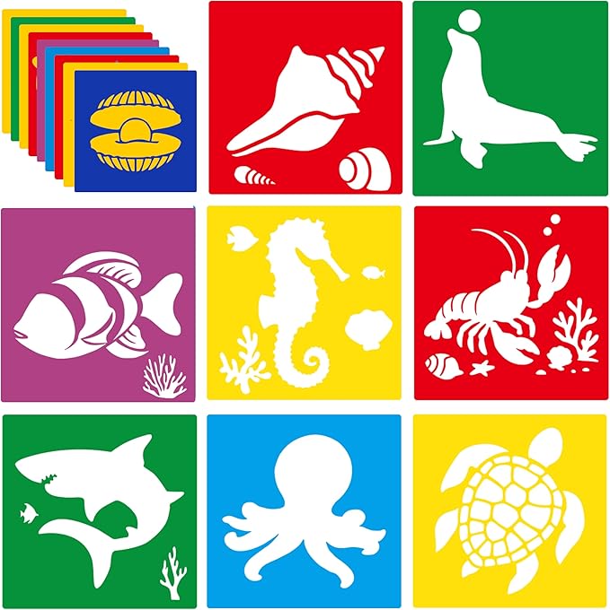24 Pieces Stencils for Kids,Large Drawing Stencils Chalk Template,8 Inches Washable Shape Template Kit for Crafts,Painting Drawing for Kids Toddlers Preschool(Ocean, 8 inch)