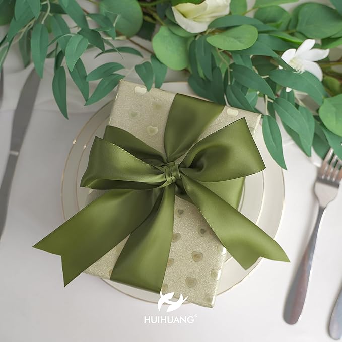 HUIHUANG Moss Green Ribbon 2 inch Double Face Green Satin Ribbon Olive Green Ribbon for for Flower Bouquet Wrap, Wedding Invitations Card, Gift Wrapping, Holiday Decor, Bows Crafts -25 Yards/Roll