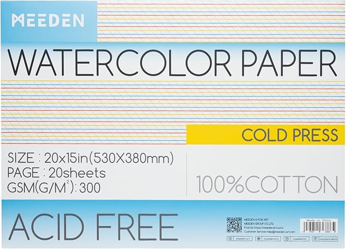 MEEDEN Watercolor Paper Block - 100% Cotton Watercolor Paper Pad of 20 Sheets, 140lb/300gsm, Acid-Free Art Paper for Watercolor, Gouache, Ink and More, 21" x 15" Cold Press