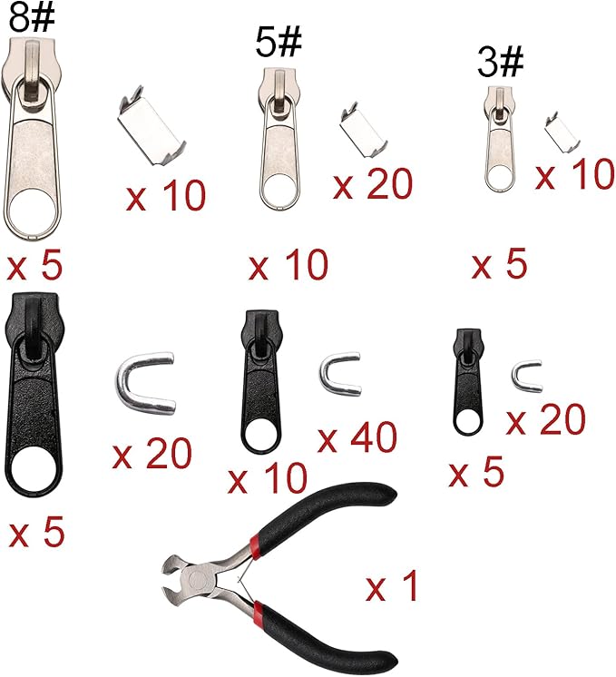 Zipper Replacement Pull Tabs Zip Fixer Zipper Repair Kit with Zipper Install Pliers Tool,161 Pieces