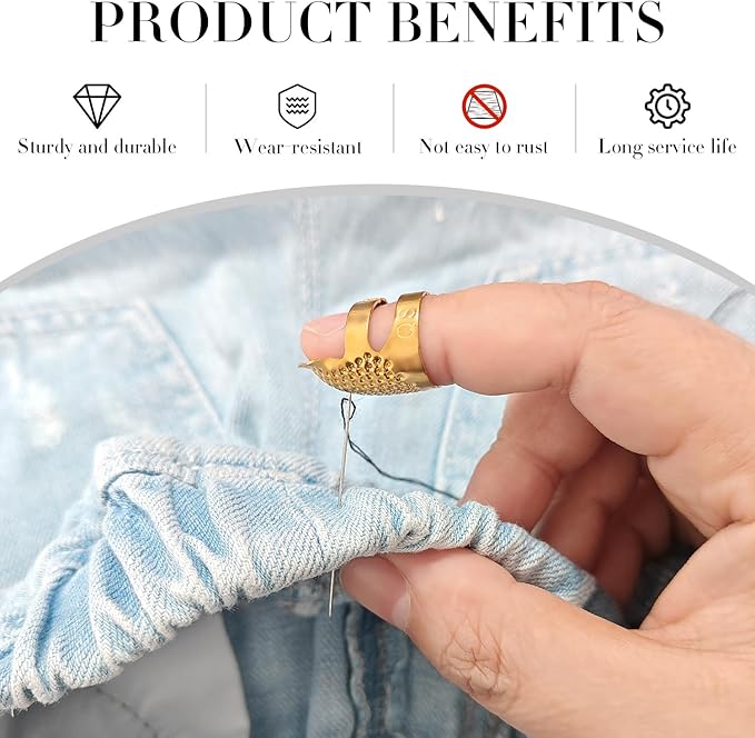 FR 4 Pack (2 Sizes, S/M) Sewing Thimble Finger Protector, Adjustable Finger Metal Shield Protector Pin Needles Sewing Quilting Craft Accessories DIY Sewing Tools Needlework Gold