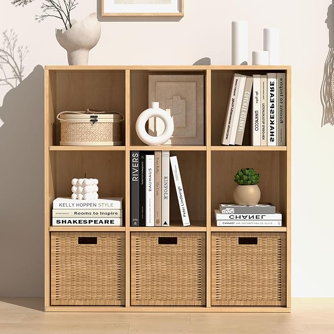 Wooden 9 Cube Storage Organizer with Closed Back Panel, Cube Shelf Heavy Duty Cubby Storage Organizer with Compartments for Living,Display Shelf,Bookshelf,Storage Furniture (Oak, 9-Cube)