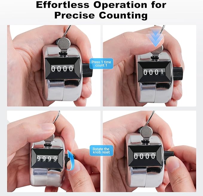 Clicker Counter, Metal Hand Tally Counter Clicker with 4 Digit Display, Pitch Counter for Golf Stroke, Baseball, Coaching, Knitting, Lap, Row Sport, Silver