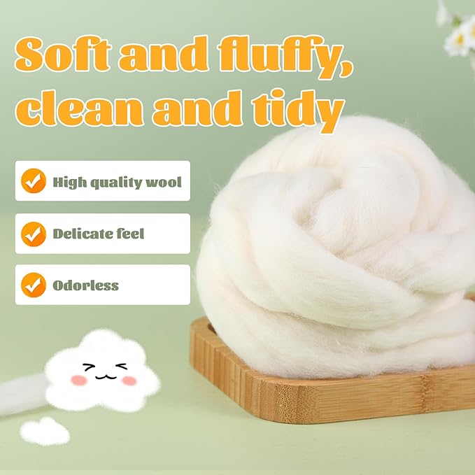 3.53oz Wool Roving Yarn, Fiber Roving Wool Top, Needle Felting Supplies, Pure Wools, Chunky Yarn, Spinning Wools for Needle Felting Wet DIY Hand Spinning (Natural White)