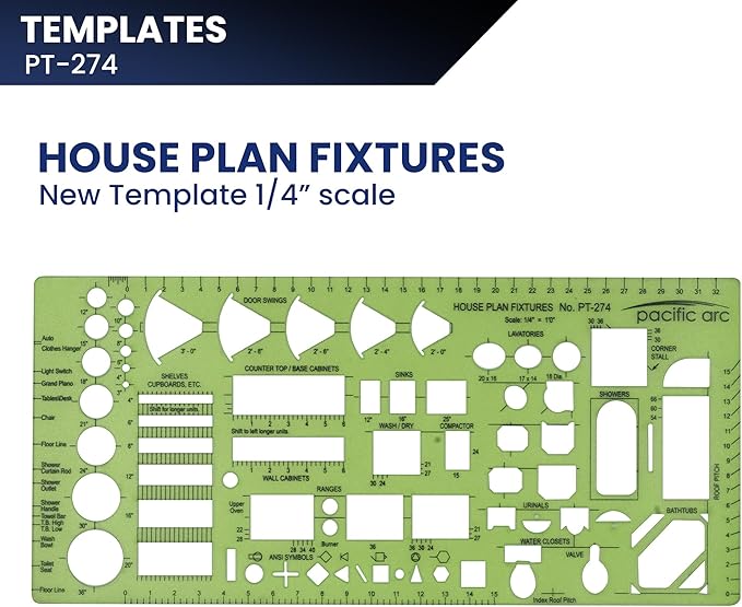 Pacific Arc, House Plan Fixtures Template, 1/4 in, Drawing aid Stencil for Professional or School Work, Size 4.5 x 9.625 in.
