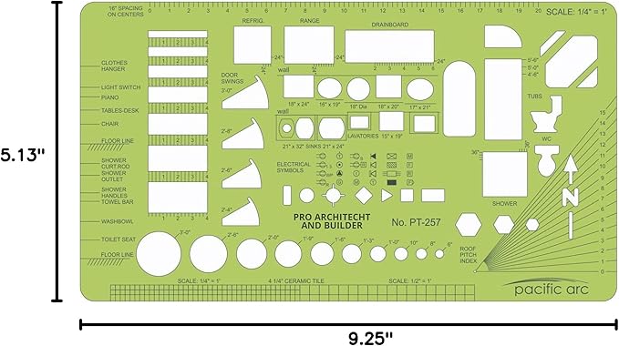 Pacific Arc, Architects & Builders Template, 1/4 in Scale, Drawing aid Stencil for Professional or School Work, Size 5.125 x 9.25 in.