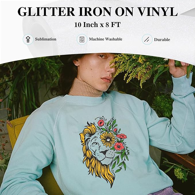 HTVRONT White Glitter HTV Vinyl - 10" x 8ft Heat Transfer Vinyl for T Shirts, Glitter Iron on Vinyl Compatible with Cricut Cutting Machine - Easy to Use for Custom T Shirts Design (White Glitter)
