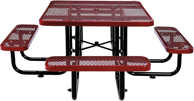 Global Industrial 46" Square Picnic Table, Expanded Metal, Red Thermoplastic Coating, Attached Benches, 1-1/2” Umbrella Pole Hole, Outdoor-Rated, 1000 lb Capacity