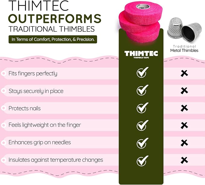 THIMTEC - The Original Thimble Tape for Hand Sewing - Fully Adjustable Nail & Finger Protector - A Smarter Alternative to Classic Knitting Thimbles - Neon Flamingo, 3-Pack