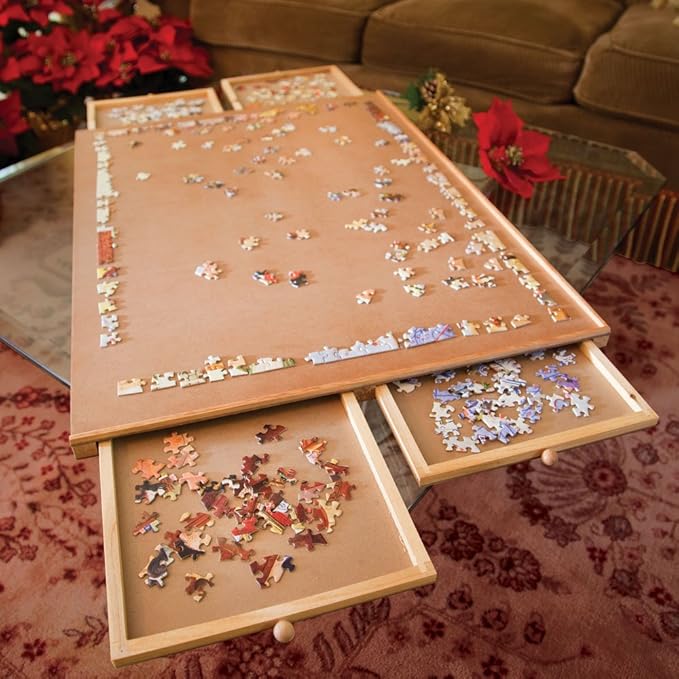 Bits and Pieces Puzzle Board with Drawers – 1000 Piece Jigsaw Puzzle Table Organizer Premium Wooden Puzzle Board for Adults 22.25"x 30" Smooth Non-Slip Surface Portable Puzzle Table with Sorting Trays