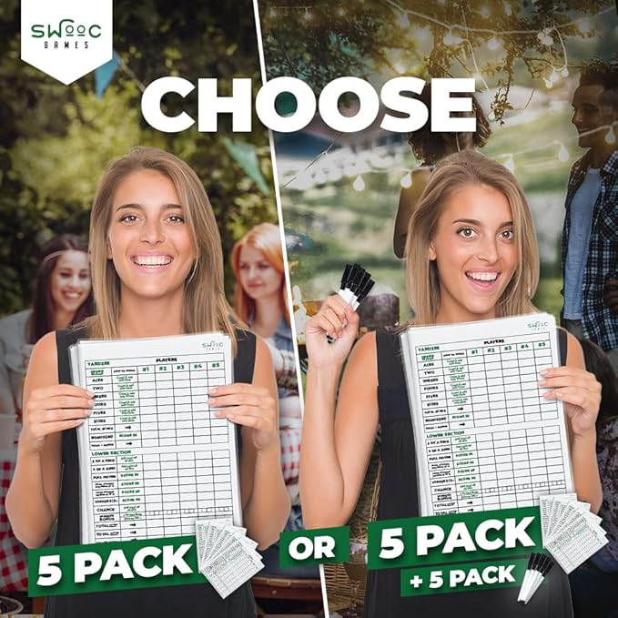 SWOOC Games® - 5 Big Premium Laminated Yardzee & Farkle Score Cards (11.5in x 8in) with Rules - Large Reusable Dry Erase Pads for Giant Outdoor Dice