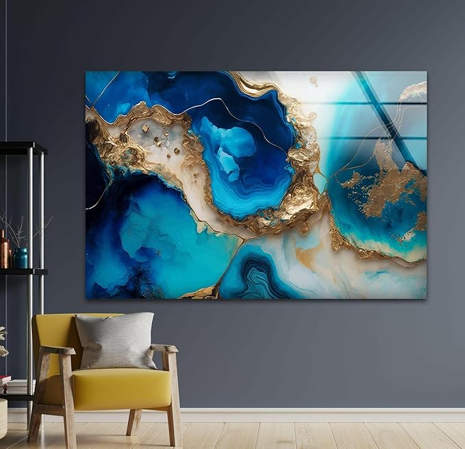 My Photostation.com 28Wx18H'' Blue Alcohol ink Glass Wall ArtTempered Glass Printing Wall Decor Large Wall Art Wall Hangings