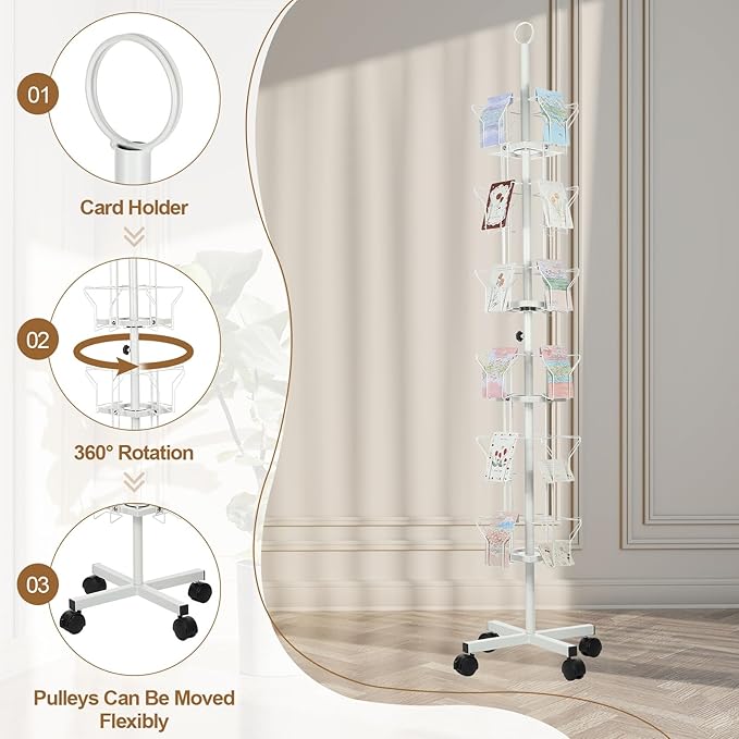 PATIKIL 6 Tier Rotating Greeting Card Rack, Metal Spinning Greeting Card Display Stand Portable Postcard Rack Holder Organizer for Postcard Sticker Photo Desk Book Stamp, White
