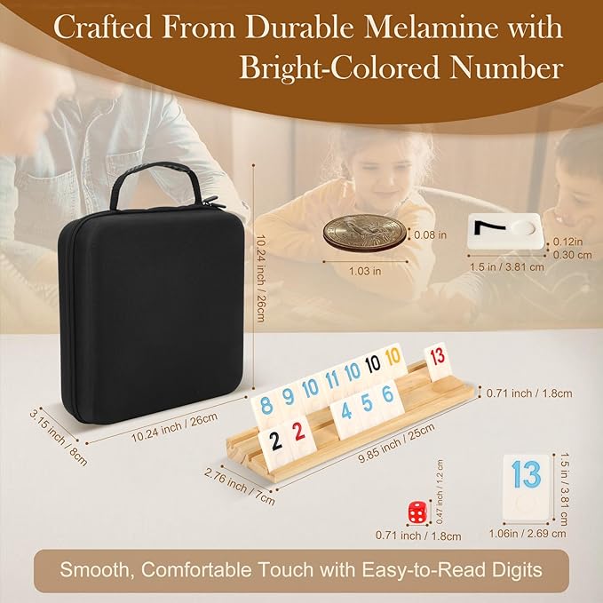 2-8 Players Rummy Game Set, 214 Melamine Tiles, 8 Wooden Racks, Drawstring Bag, Premium Portable Case, Tile Board Games for Adults, Travel, Birthday Gifts for Men Women Dad Mom