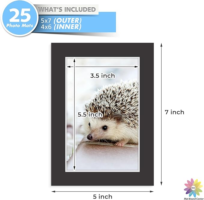 Mat Board Center, Pack of 25, 5x7 for 4x6 Black Mats - Acid Free, 4-ply Thickness, White Core - for Pictures, Photos, Framing