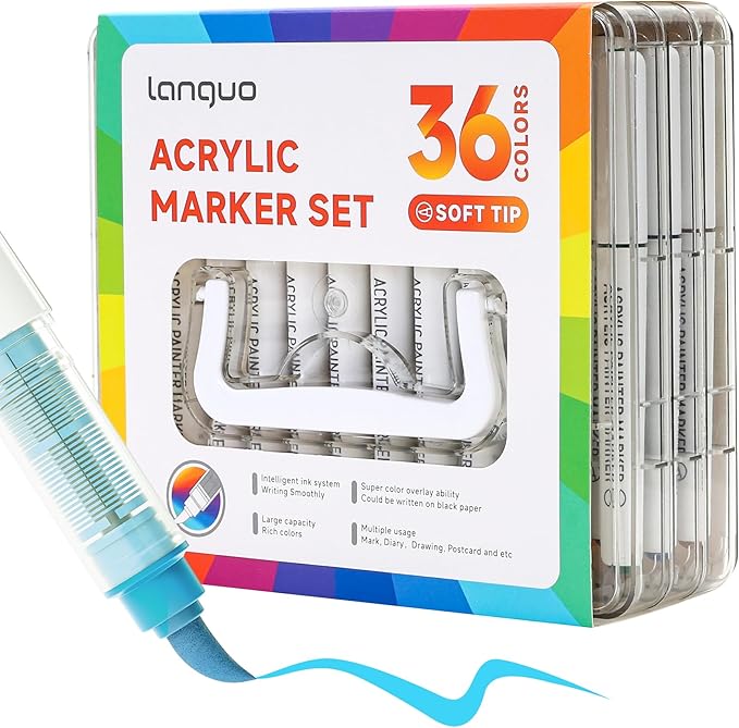 36 Colors Acrylic Paint Markers Pens Set, Soft Brush Tip Markers with Fast Drying & No-Bleed Ink, Acrylic Paint Pens for Rock, Wood, Egg, Ceramic, Fabric Painting, Art Supplies and DIY Crafts