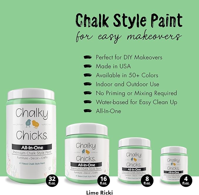 Chalky Chicks All-in-One Chalk Paint for Furniture or Cabinet - 4 Fl Oz - Matte Finish Lime Ricki (Lime Green) for Metal, Wood Furniture Paint - No Sanding All-in-One for Home Decor & Crafts, USA Made