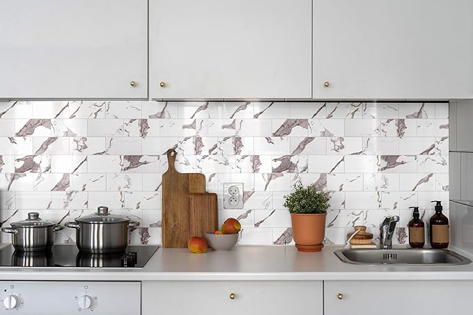 100 Pieces Peel and Stick Backsplash for Kitchen, 3" x 6" PVC Subway Tile 2026 Upgraded White Marble with Gold Accent Backsplash Stick on Tile Elevate Kitchen Fireplace RV