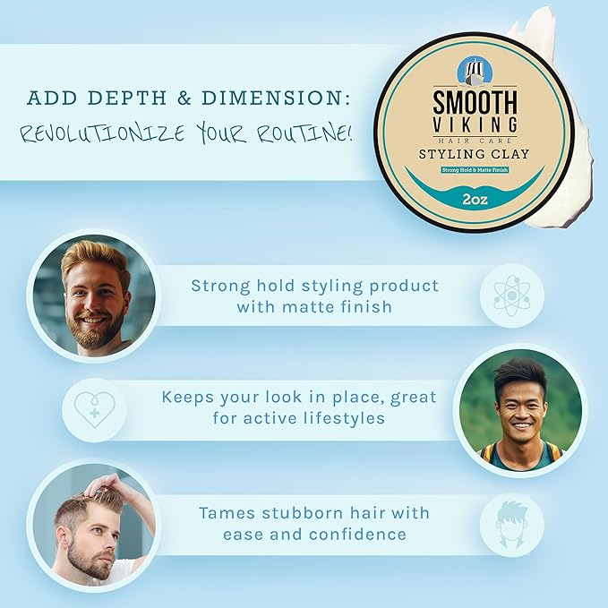 Smooth Viking Hair Clay for Men - Strong Hold, Hair Cream for Men, Clay Pomade for Men, Hair Paste for Men, Hair Styling Clay, Mens Hair Products, Hair Styling Products Matte Finish, Made in USA, 2oz