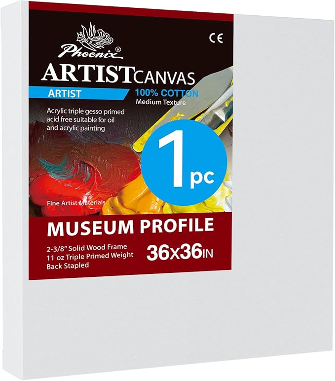 PHOENIX 36x36 Inch Museum Canvas - 2 3/8 Inch Thick Porfile Deep Large Stretched Canvas for Painting 1 Pack 100% Cotton 11 Oz. Gesso Primed White Blank Professional Canvas Oil & Acrylic Paints