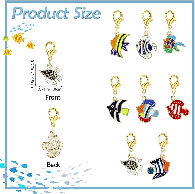 BEEFLYING 16Pcs Fish Stitch Marker Charms for Crocheting and Knitting, 8 Styles Alloy Enemal Crochet Knit Stitch Marker Pendant with Removable Clasp for Knitting Crocheting Accessories