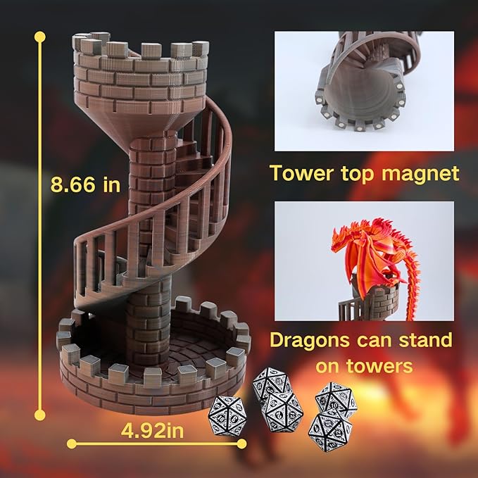 Wyvern Castle Dice Tower (with 5 polyhedral dice and a Dragon) for Table Games, D&D & RPG Games, Perfect Table Decoration and Party Surprise Gifts (Red Gold)