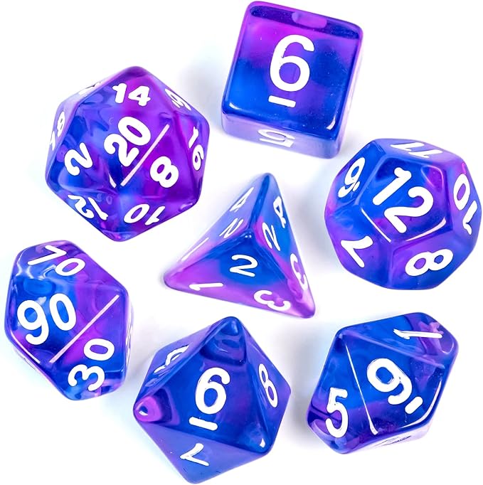7-Die DND Dice Set Polyhedral Dice Set with a Leather Dice Bag, D&D Dice Set for Dungeons and Dragons, RPG Table Games (T/Purple Blue)