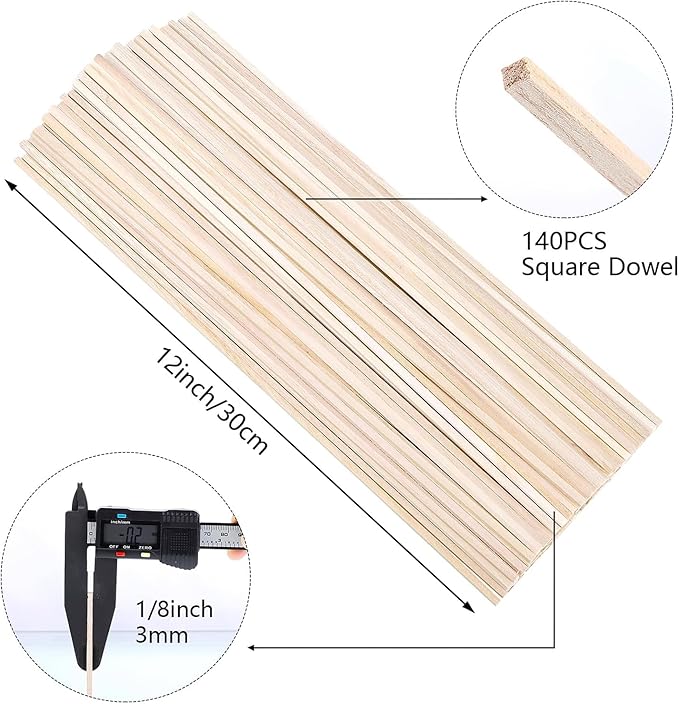 140 Pcs Balsa Wood Sticks 1/8 x 1/8 x 12 Inch, Square Dowel Rods Wood Strips Hardwood Sticks for Crafts DIY Projects Models Making