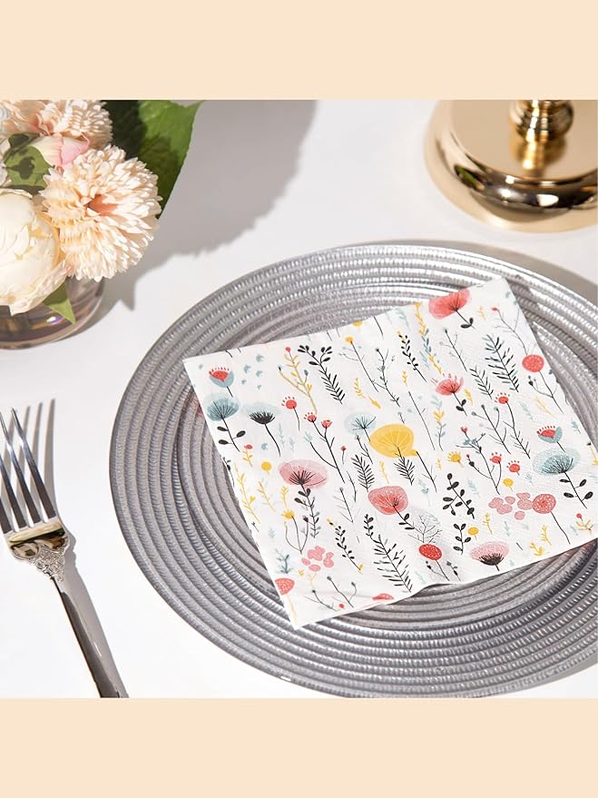 20 pcs Premium Designer Paper Napkins, 3-Ply 6.5x6.5-inches Disposable Decorative Paper Guest White Floral Napkin for Wedding Birthday Anniversary Lunch Dinner Party Baby Shower