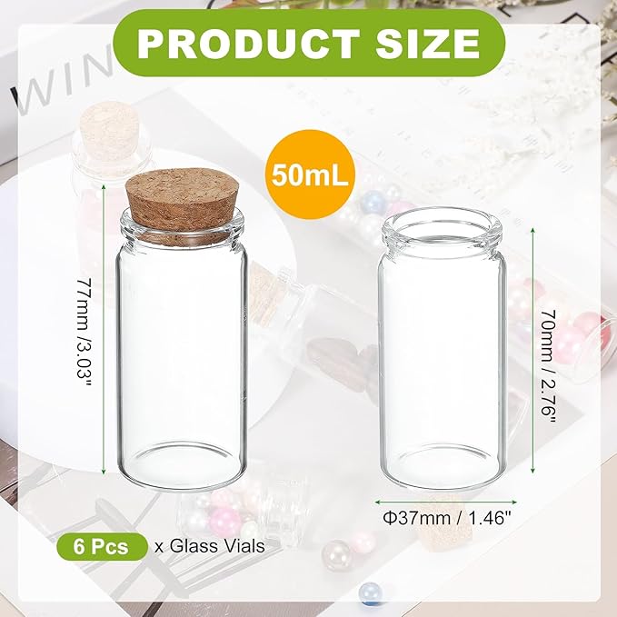 uxcell 6Pcs Mini Glass Bottles with Cork Stoppers, 50ml Small Clear Bottles Glass Empty Jars Vials for DIY Crafts Party Wedding Decor Favors