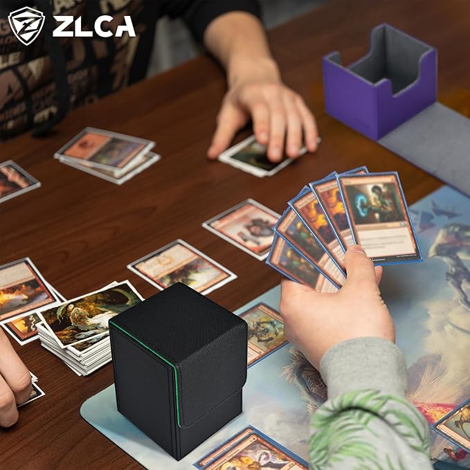 ZLCA Card Deck Box for MTG, Yugioh Deck Case Holds 100+ Single Sleeved Cards, PU Leather Magnetic Storage Box Fits for CCG TCG Sport Card (Black& Dark Green)
