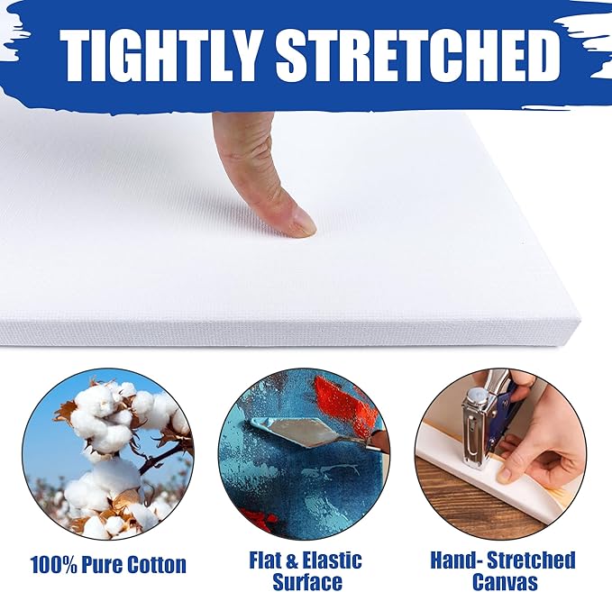 Blank Canvases - 8x10in Stretched Canvases, 20 Pack, 5/8 Inch Profile, 100% Cotton Artist Framed Canvas for Acrylics, Oils & Other Painting Media