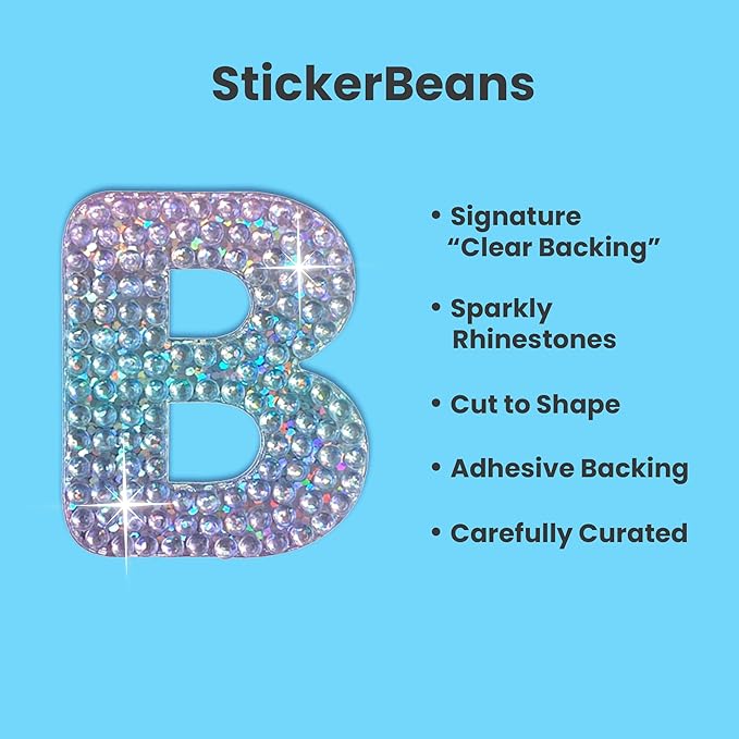 StickerBeans® Rhinestone Alphabet Letter Sticker B - Unique Sparkly Design 2” x 2” Cut-to-Shape Adhesive - Personalization, Collecting, Gifting, Scrapbooking, Decorating Laptops, Phone Cases, All Ages