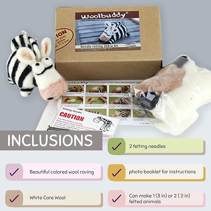 Woolbuddy Needle Felting Kit for Beginners & Adults – Zebra DIY Felt Animal Starter Kit with Natural Wool Roving, Felting Needles & Step-by-Step Instructions